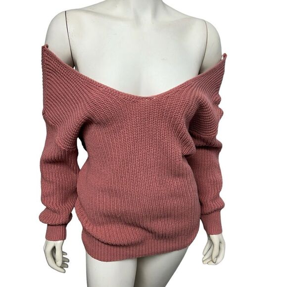 Forever 21 Pink Knit Off the Shoulder Sweater Open Back Cute Sexy Jumper - Picture 2 of 7